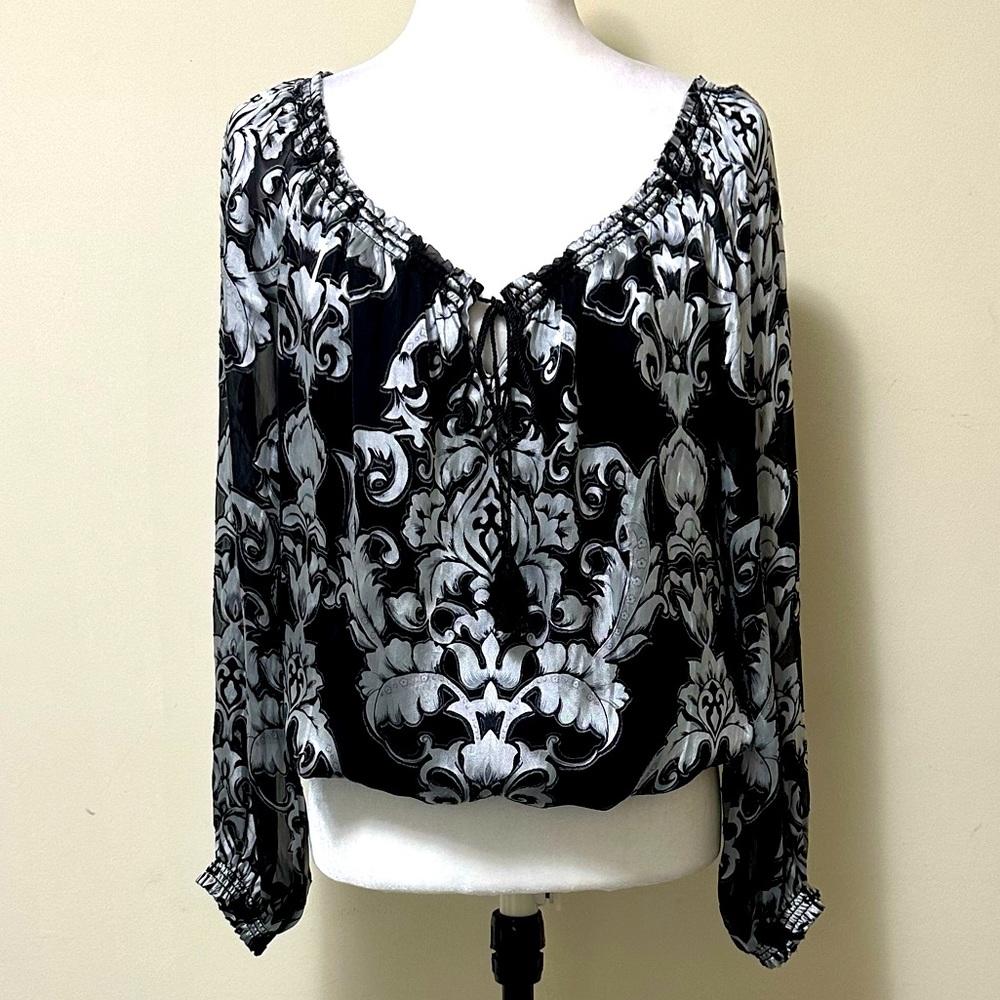 WHBM An Alluring Silk Rayon Mix Elastic 2"Waistband & 1"Cuff Blouse Pullover M/L